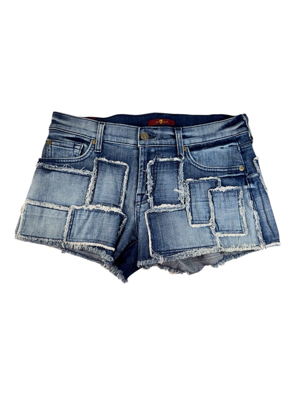 7 For All Mankind Patchwork Denim Cutoff Shorts Frayed Raw Hem Women’s 27 Boho